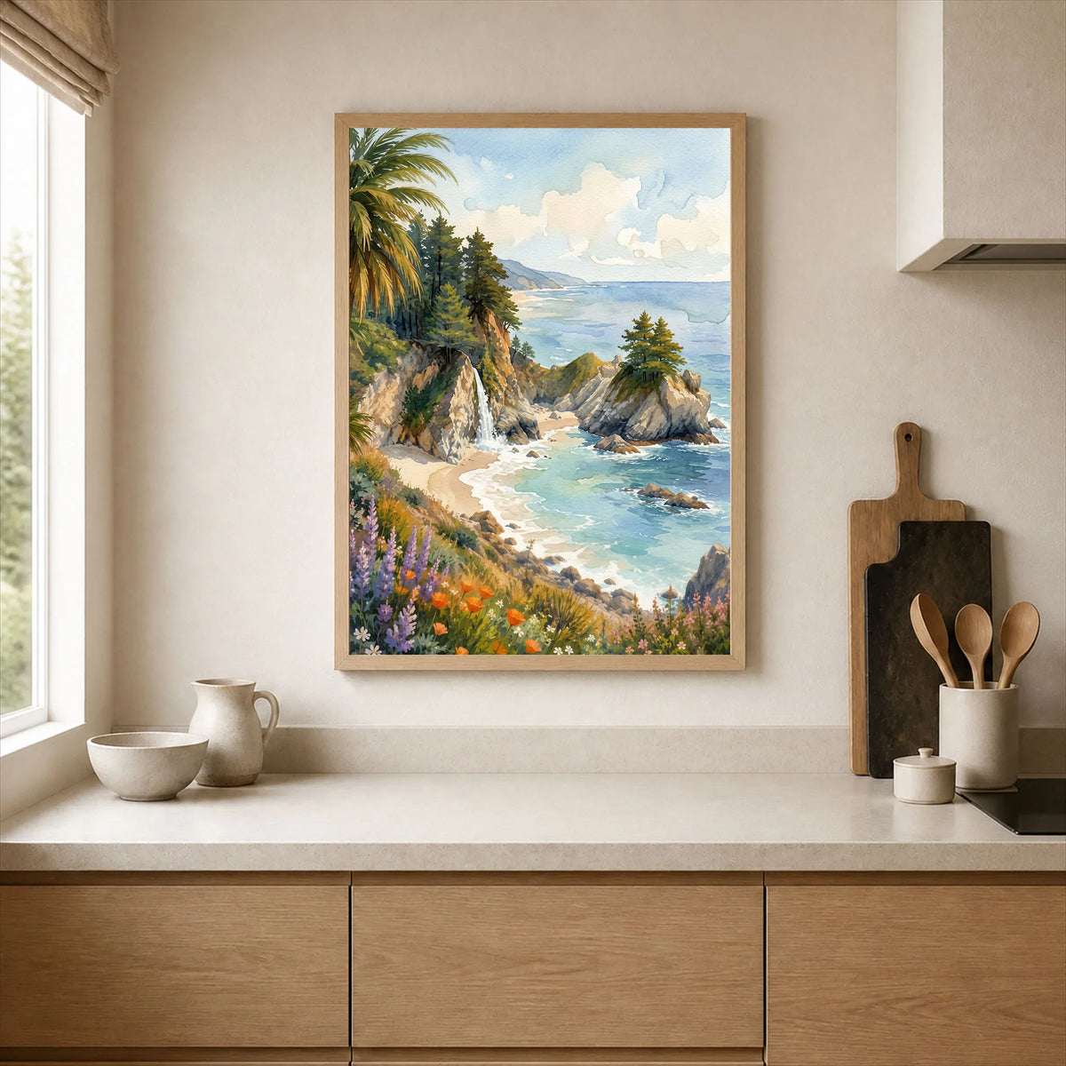 Julia Pfeiffer Burns State Park McWay Falls and cove watercolour art print framed print in a kitchen