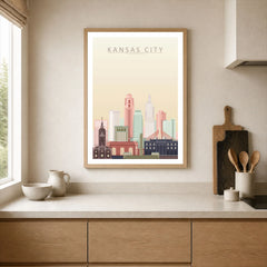 Kansas City city skyline art print, framed print in a kitchen