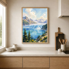 Kenai Fjords National Park tidewater glacier and fjord watercolour art print framed print in a kitchen