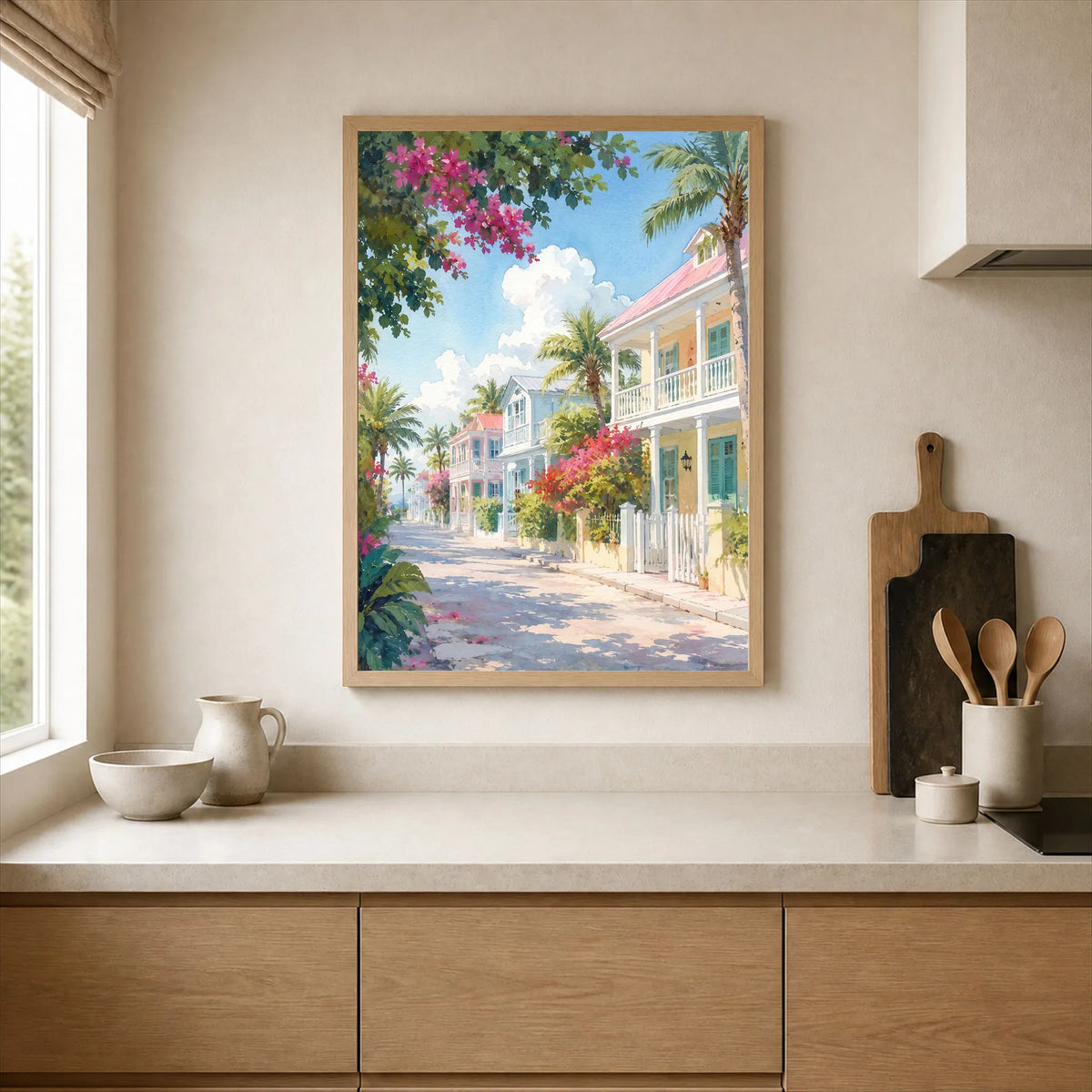 Key West pastel conch houses watercolour art print framed print in a kitchen