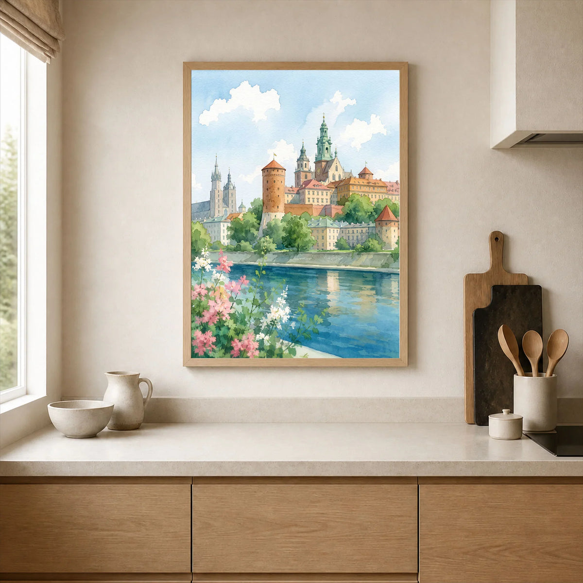 Kraków Wawel Castle on the Vistula watercolour art print framed print in a kitchen
