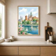 Kraków Wawel Castle on the Vistula watercolour art print framed print in a kitchen