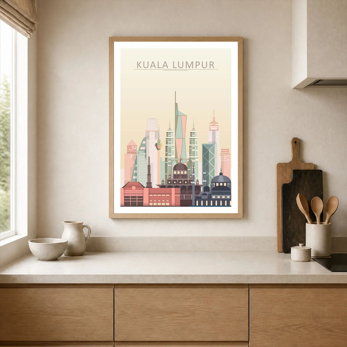 Kuala Lumpur city skyline art print, framed print in a kitchen