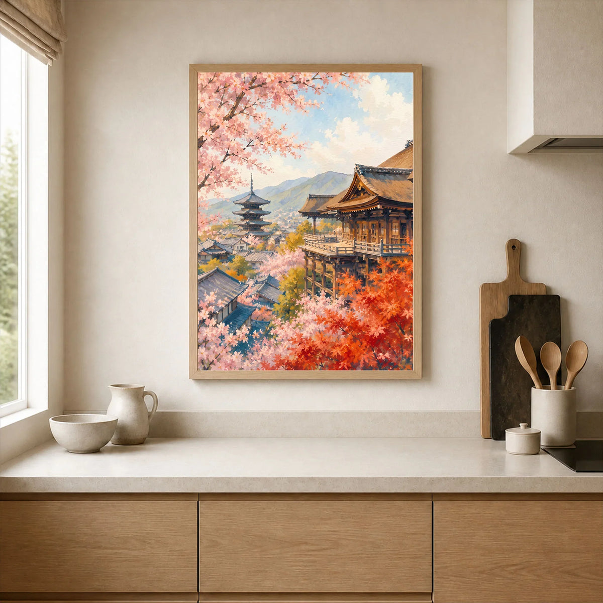 Kyoto Kiyomizu-dera temple and blossom watercolour art print framed print in a kitchen