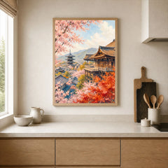 Kyoto Kiyomizu-dera temple and blossom watercolour art print framed print in a kitchen