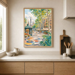 La Rambla Barcelona promenade and mosaic watercolour art print framed print in a kitchen