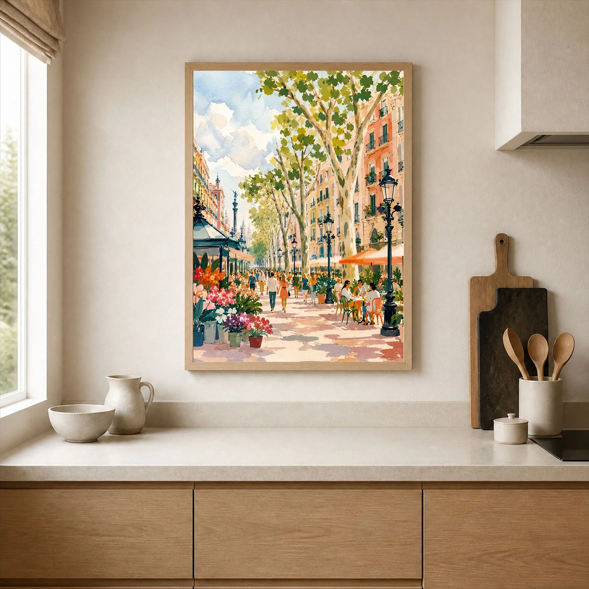 La Rambla Barcelona flower stalls and cafés watercolour art print framed print in a kitchen