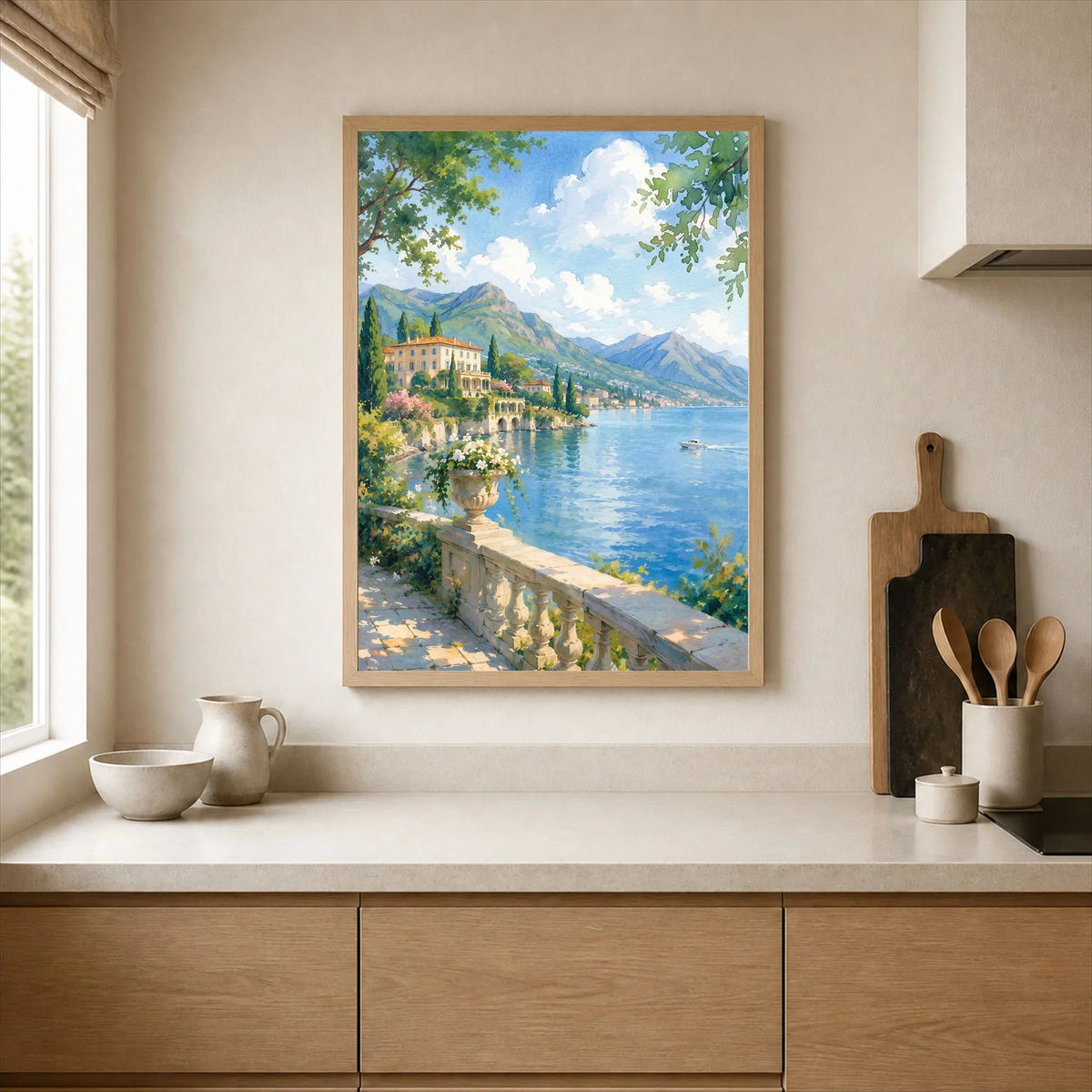 Lake Como lakeside villa and mountains watercolour art print framed print in a kitchen