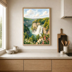 Letchworth State Park waterfall in the gorge watercolour art print framed print in a kitchen