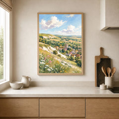 Lincolnshire Wolds hillside village and church watercolour art print framed print in a kitchen
