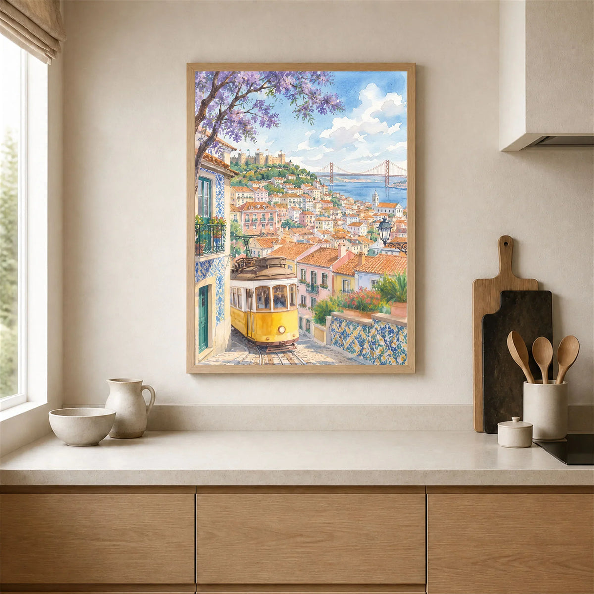 Lisbon yellow tram and castle watercolour art print framed print in a kitchen