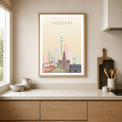 Liverpool city skyline art print, framed print in a kitchen