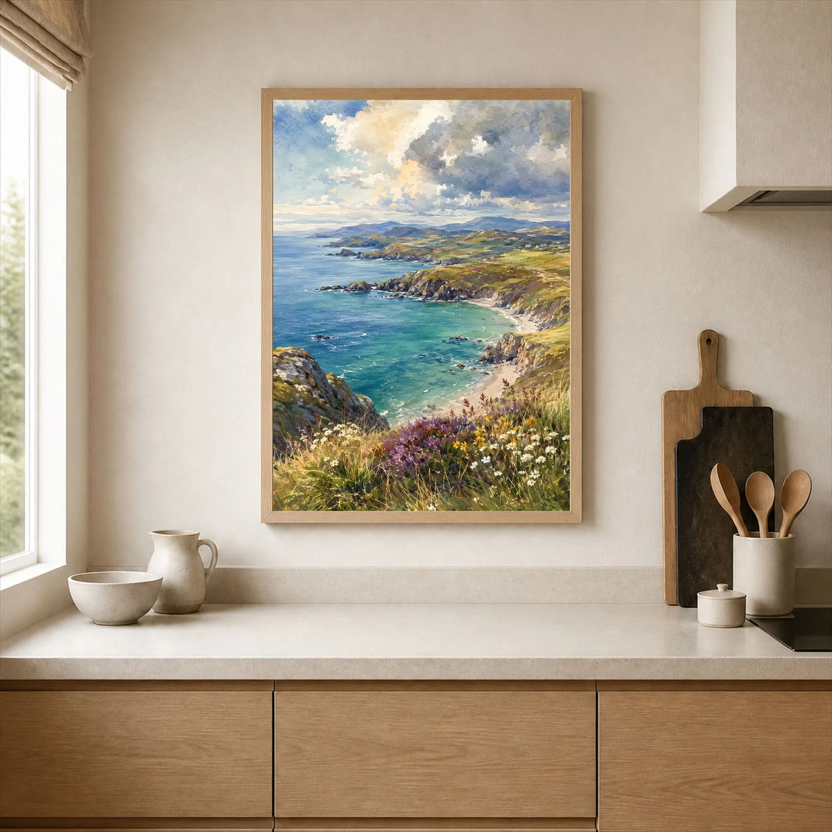 Llyn Peninsula sandy cove and coastline watercolour art print framed print in a kitchen