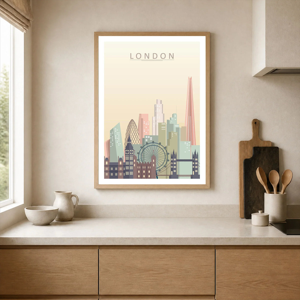 London city skyline art print, framed print in a kitchen