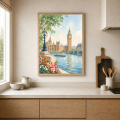 London Big Ben and Houses of Parliament watercolour art print framed print in a kitchen