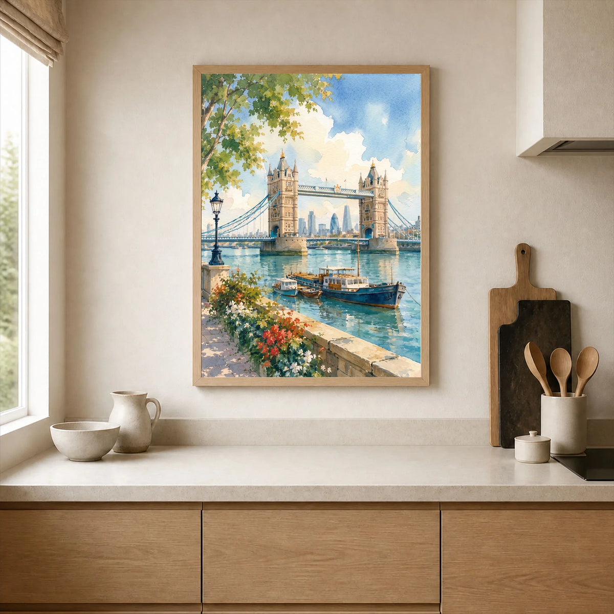 London Tower Bridge on the Thames watercolour art print framed print in a kitchen