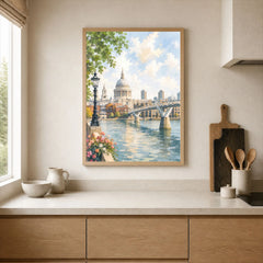 London St Paul's Cathedral and Millennium Bridge watercolour art print framed print in a kitchen