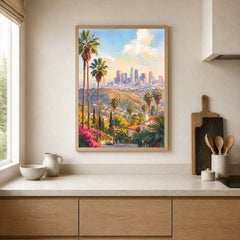 Los Angeles palm trees and downtown skyline watercolour art print framed print in a kitchen