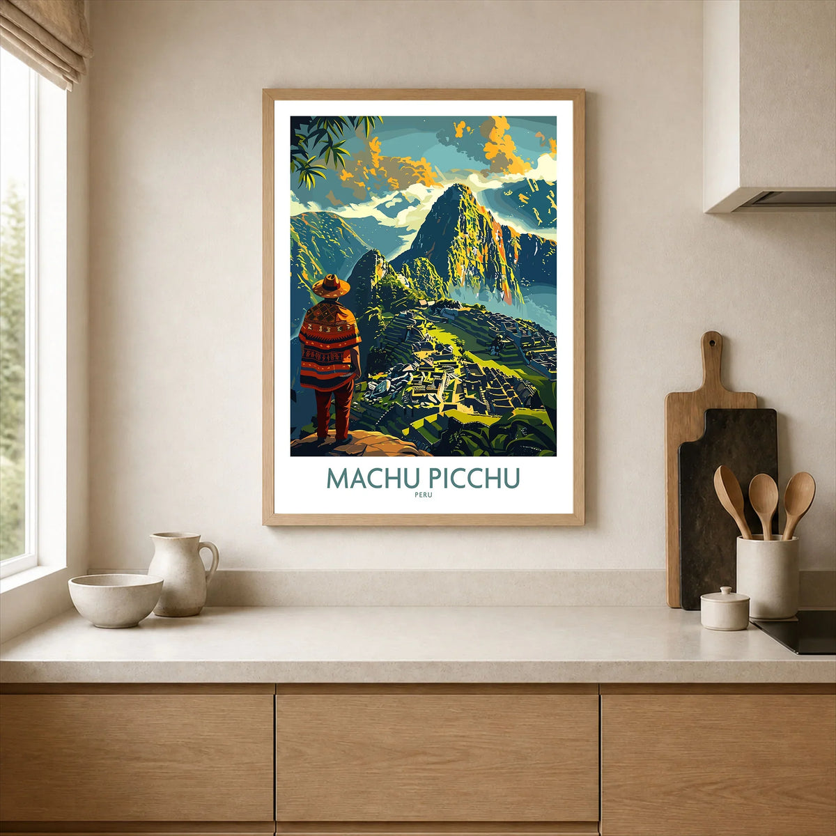 Machu Picchu Travel Poster - framed art print in kitchen