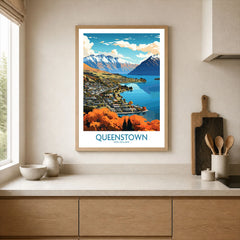 Queenstown New Zealand Lake Wakatipu in autumn modern travel poster, framed print in a kitchen