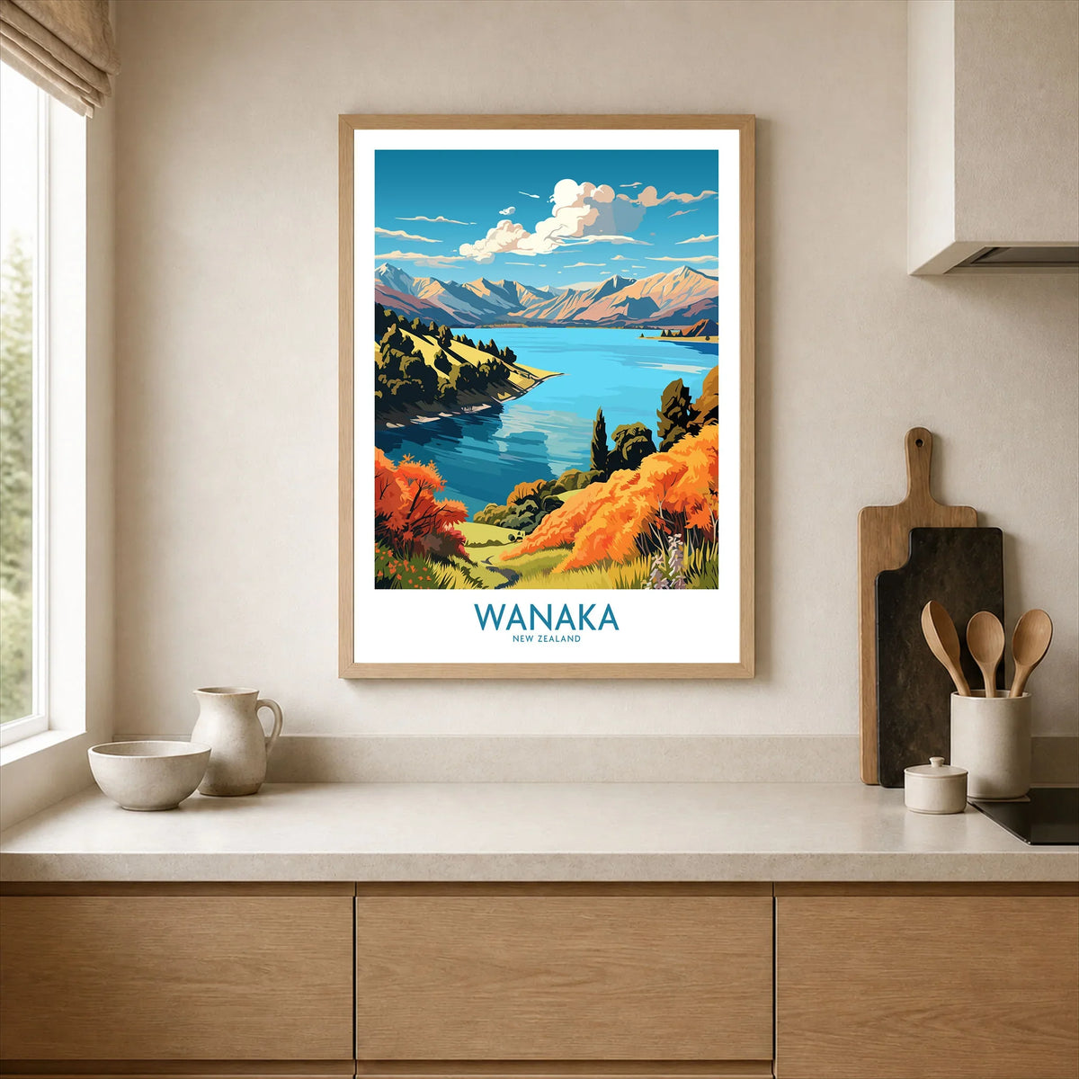 Wanaka Travel Poster New Zealand - framed art print in kitchen