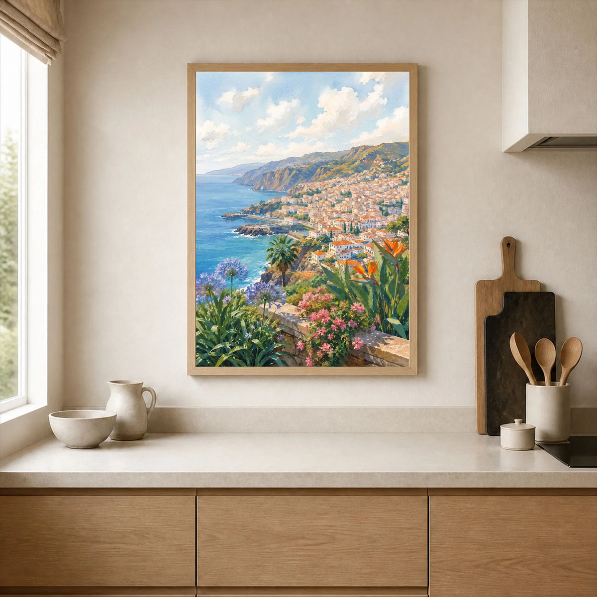 Madeira Funchal bay and coast watercolour art print framed print in a kitchen