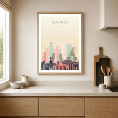 Madrid city skyline art print, framed print in a kitchen
