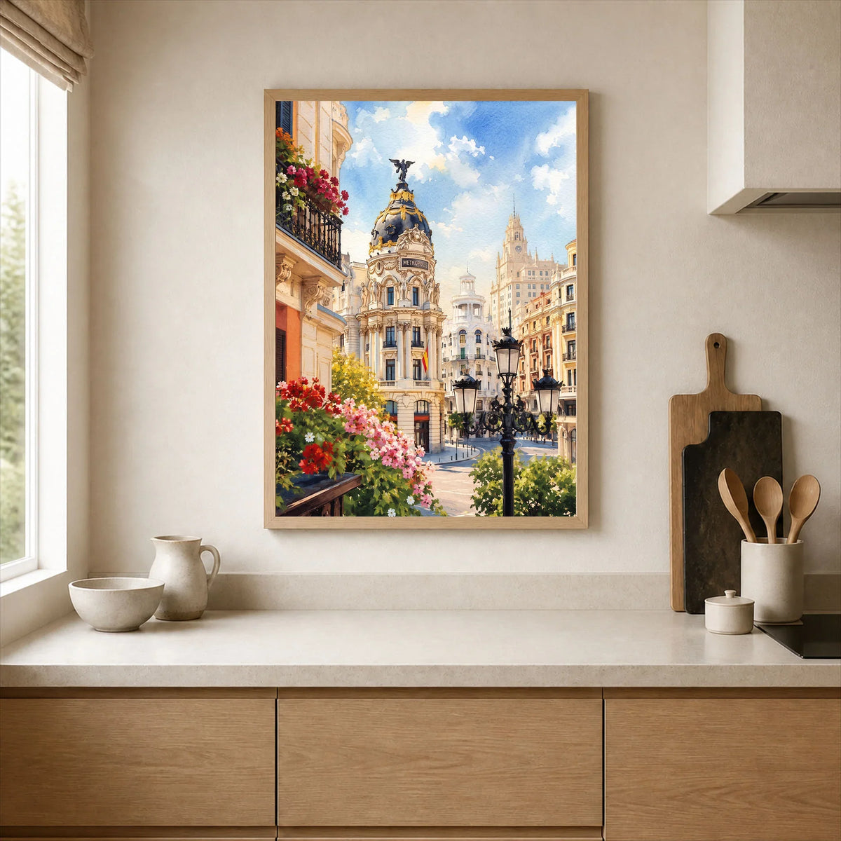 Madrid Metropolis building on Gran Vía watercolour art print framed print in a kitchen