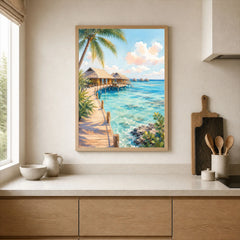Maldives overwater villas and lagoon watercolour art print framed print in a kitchen