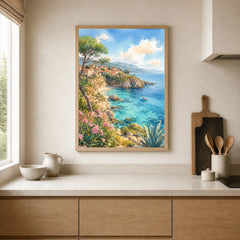 Mallorca turquoise cove and pines watercolour art print framed print in a kitchen