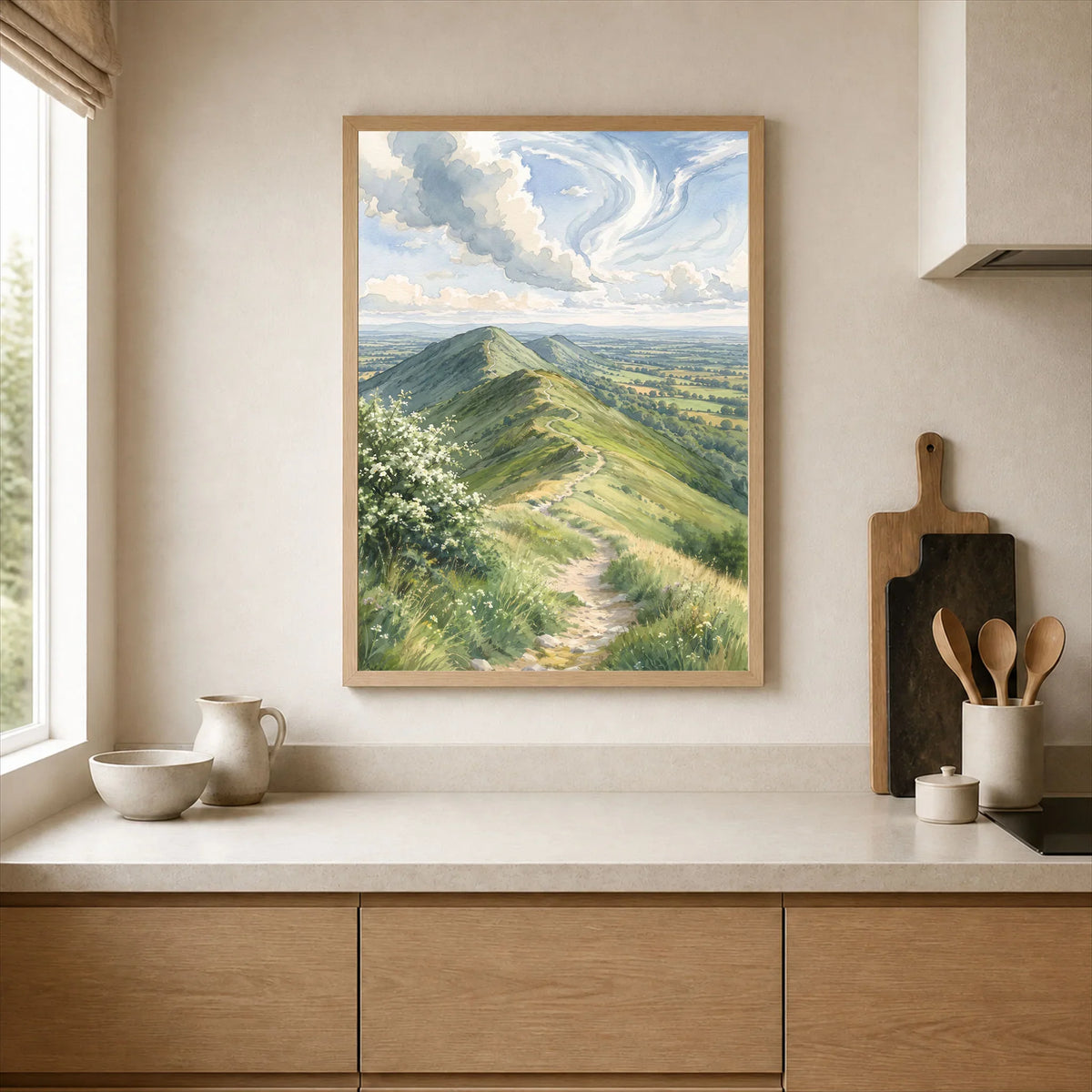Malvern Hills ridge path watercolour art print framed print in a kitchen