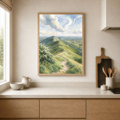 Malvern Hills ridge path watercolour art print framed print in a kitchen