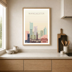 Manchester city skyline art print, framed print in a kitchen