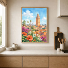 Marrakech Koutoubia Mosque watercolour art print framed print in a kitchen