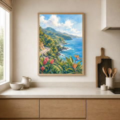 Maui Road to Hana coastline watercolour art print framed print in a kitchen