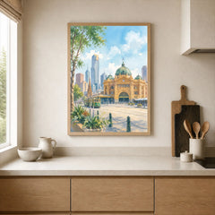 Melbourne Flinders Street Station and tram watercolour art print framed print in a kitchen