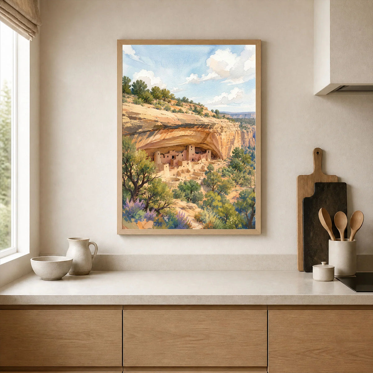 Mesa Verde National Park Cliff Palace dwellings watercolour art print framed print in a kitchen