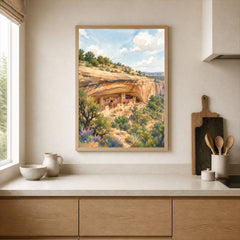 Mesa Verde National Park Cliff Palace dwellings watercolour art print framed print in a kitchen