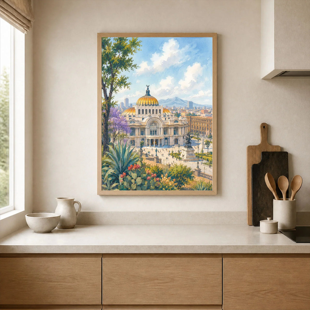 Mexico City Palacio de Bellas Artes watercolour art print framed print in a kitchen