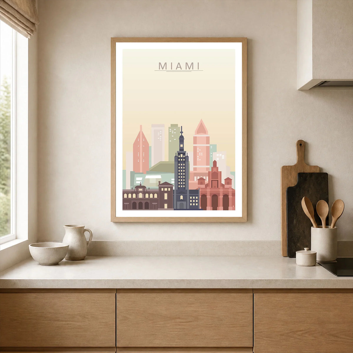 Miami city skyline art print, framed print in a kitchen