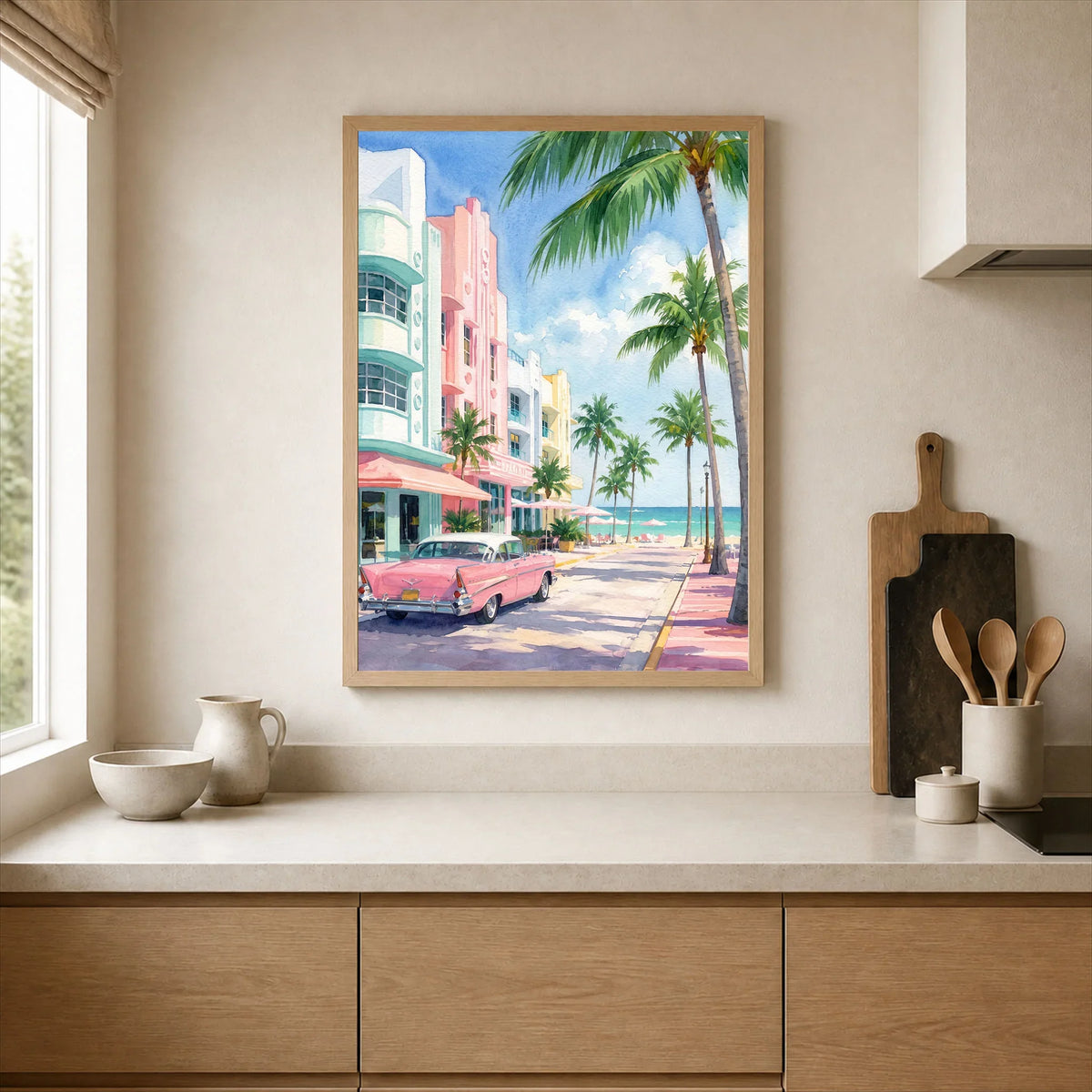 Miami Art Deco Ocean Drive and classic car watercolour art print framed print in a kitchen
