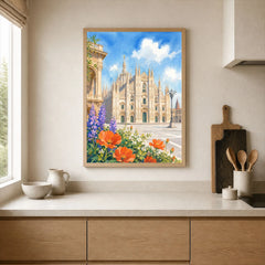 Milan Duomo di Milano watercolour art print framed print in a kitchen