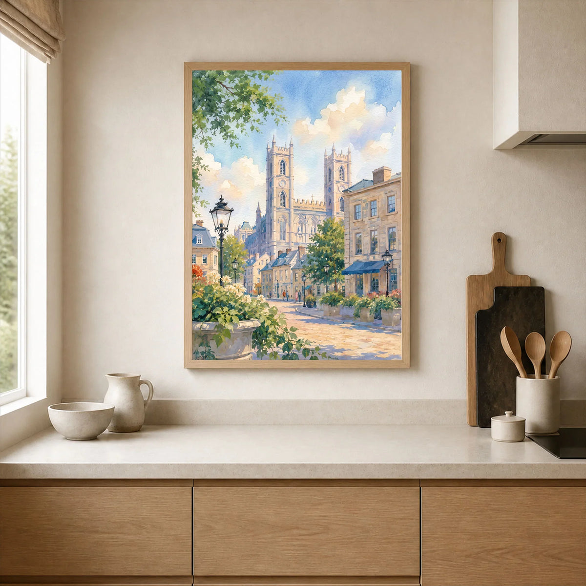 Montreal Notre-Dame Basilica in Old Montreal watercolour art print framed print in a kitchen