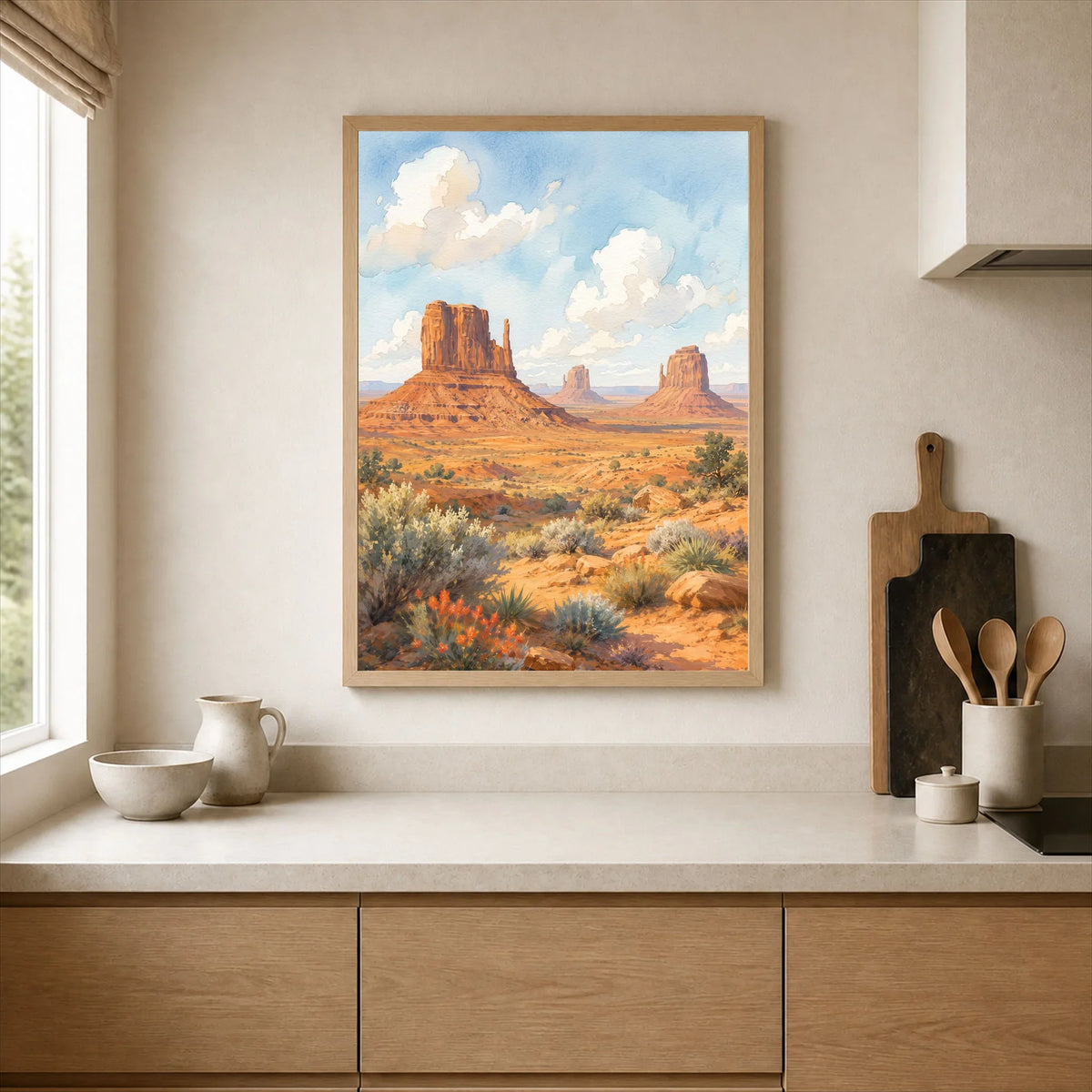 Monument Valley the Mittens buttes watercolour art print framed print in a kitchen