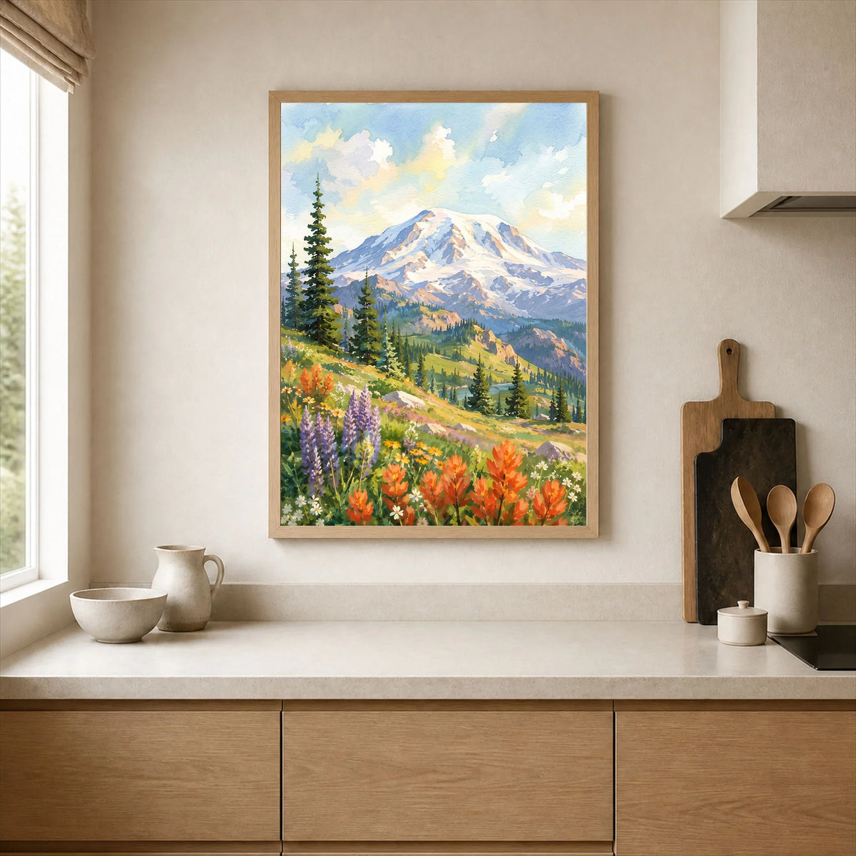 Mount Rainier National Park wildflower meadows watercolour art print framed print in a kitchen