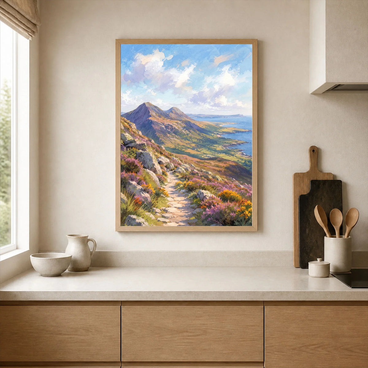 Mourne Mountains mountain path above the sea watercolour art print framed print in a kitchen