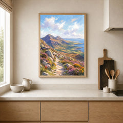 Mourne Mountains mountain path above the sea watercolour art print framed print in a kitchen