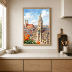 Munich New Town Hall and Frauenkirche watercolour art print framed print in a kitchen