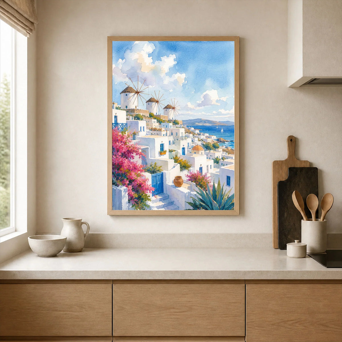 Mykonos windmills and white houses watercolour art print framed print in a kitchen
