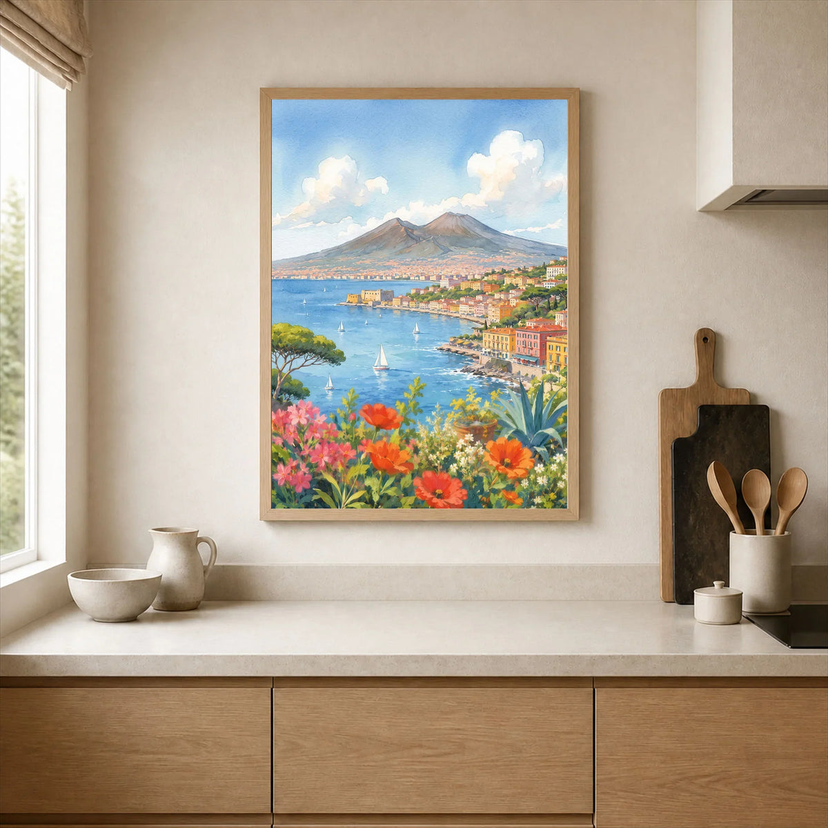 Naples Bay of Naples and Vesuvius watercolour art print framed print in a kitchen